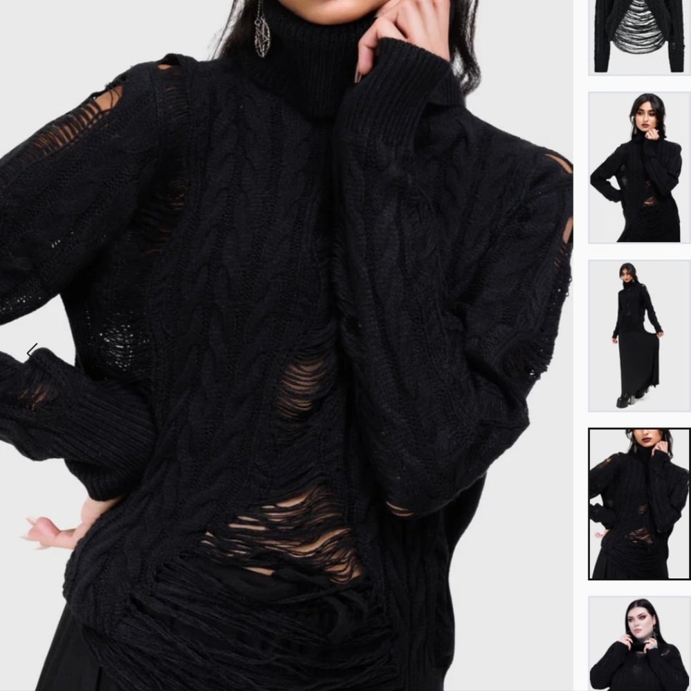 Black Distressed Turtleneck Cable-Knit Sweater - Picture 3 of 6